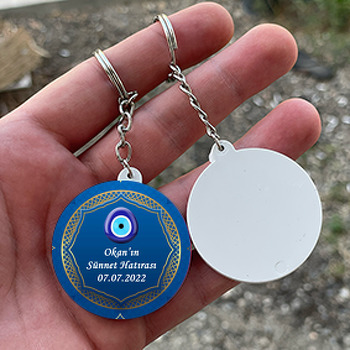 Gold Çerçeve ile Mavi Fonda Nazar Boncuğu Temalı Daire Plastik Anahtarlık