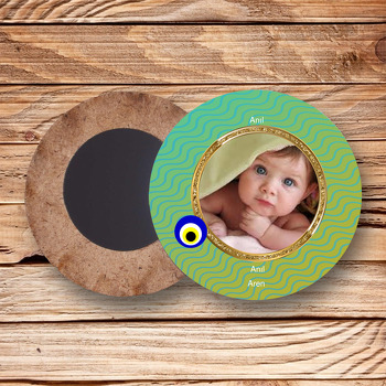 Gold Çerçeveli ve  Yeşil Tonlu Sünnet Temalı Ahşap Magnet