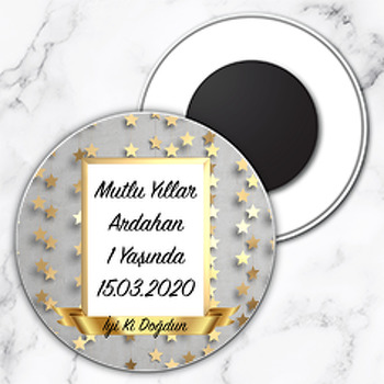 Gold Gri Yıldızlar Temalı Daire Plastik Hediyelik Magnet