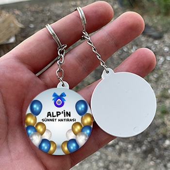 Gold ile Mavi Şeffaf Balonlarla Sünnet Hatırası Temalı Daire Plastik Doğum Günü Anahtarlık