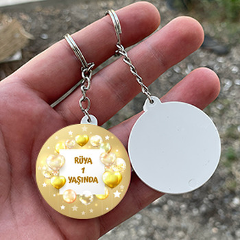 Gold Işıltılı Balonlar ile Yıldızlar Temalı Daire Plastik Anahtarlık
