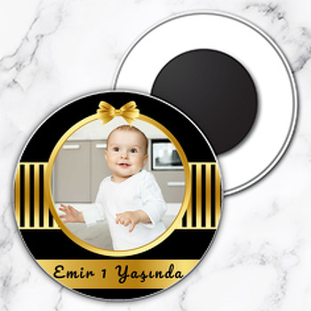 Gold Kurdele ile Siyah Çizgili Fon Temalı Daire Plastik Magnet