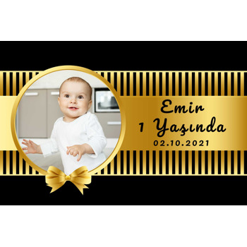 Gold Kurdele ile Siyah Çizgili Fon Temalı Doğum Günü Plastik Magnet
