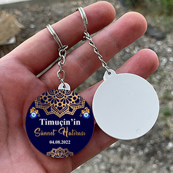Gold Mandala ile Lacivert Fonda Sünnet Temalı Daire Plastik Anahtarlık