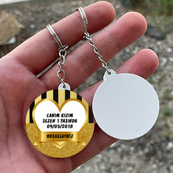 Gold Simli Kalp Çerçeve Temalı Daire Plastik Anahtarlık