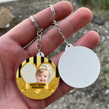 Gold Simli Kalp Çerçeve Temalı Resimli Daire Plastik Anahtarlık