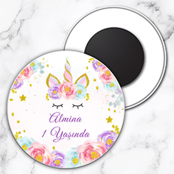 Gold Simli Unicorn Temalı Daire Plastik Magnet