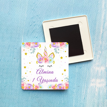 Gold Simli Unicorn Temalı Plastik Kare Magnet