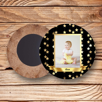 Gold Siyah Yıldızlar Temalı Resimli Ahşap Daire Magnet