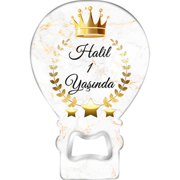 Gold Taç ile Defne Yaprakları Beyaz Mermer Fon Temalı Balon Ahşap Magnet 