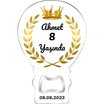 Gold Taç ile Yapraklar Beyaz Fon Temalı Balon Ahşap Magnet 