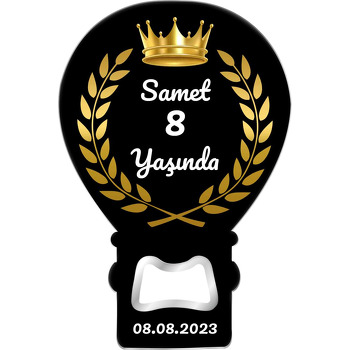 Gold Taç ile Yapraklar Siyah Fon Temalı Balon Ahşap Magnet 