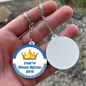 Gold Taç Mavi Çizgi ile Puantiye Fon Temalı Daire Plastik Sünnet Anahtarlık