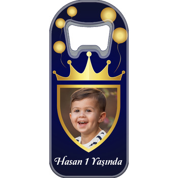 Gold Taç ve Balonlar ile Lacivert Fon Temalı Resimli Uzun Magnet Açacak