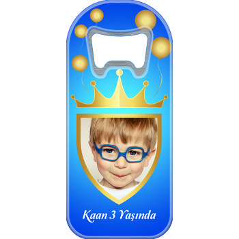 Gold Taç ve Balonlar ile Turkuaz Mavi Fon Temalı Resimli Uzun Magnet Açacak