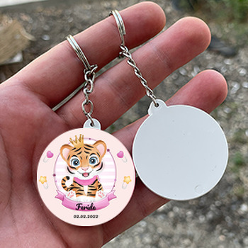 Gold Taçlı Bebek Kaplan ve Pembe Temalı Daire Plastik Anahtarlık