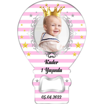 Gold Taçlı Gümüş Çerçeve ile Pembe Çizgi Temalı Balon Ahşap Magnet 