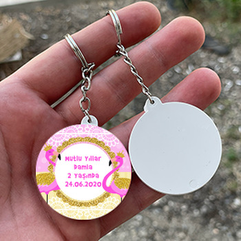 Gold Taçlı Pembe Flamingo Temalı Daire Plastik Anahtarlık