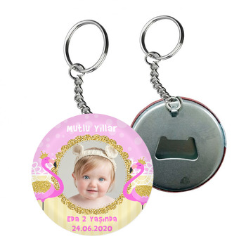 Gold Taçlı Pembe Flamingo Temalı Resimli Arkası Açacak Anahtarlık