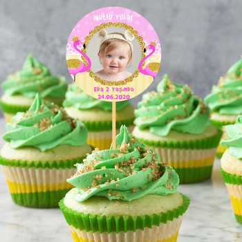 Gold Taçlı Pembe Flamingo Temalı Resimli Kürdan Süs