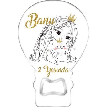 Gold Taçlı sevimli Kız ile Kedisi Temalı Balon Ahşap Magnet 