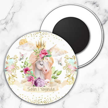 Gold Taçlı Unicorn Temalı Daire Plastik Magnet