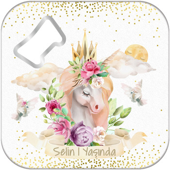 Gold Taçlı Unicorn Temalı Kare Magnet Açacak