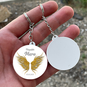 Gold ve Silver Sim Melek Kanadı Temalı Daire Plastik Anahtarlık