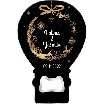 Gold Yılbaşı Süsü ile Siyah Fon Temalı Balon Ahşap Magnet 