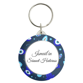 Göz Şekilli Nazar Boncukları ile Lacivert Fon Sünnet Temalı Anahtarlık