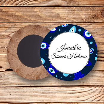 Göz Şekilli Nazar Boncukları ile Lacivert Fon Sünnet Temalı Daire Ahşap Magnet
