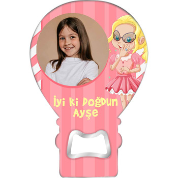 Gözlüklü Sarışın Kız ile Pembe Fon Temalı Balon Ahşap Magnet 