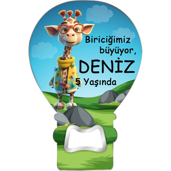 Gözlüklü Zürafa Ormanda Temalı Balon Ahşap Magnet 
