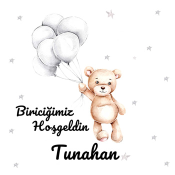 Gri Balonla Uçan Ayıcık Temalı Kare Parti Afiş
