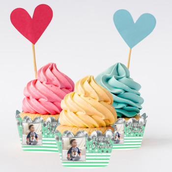 Gri Balonlar ve Yeşil Çizgiler Temalı Cupcake Sargısı