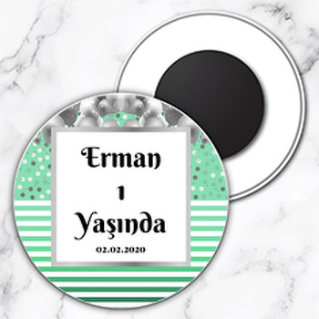 Gri Balonlar ve Yeşil Çizgiler Temalı Daire Plastik Magnet