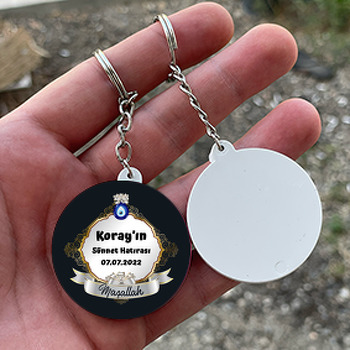 Gri Kurdele ile Nazar Boncuklu Çerçeve ve Sünnet Temalı Daire Plastik Anahtarlık