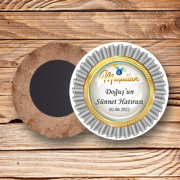 Gri Kurdele Madalyon ile Sünnet Temalı Daire Ahşap Magnet