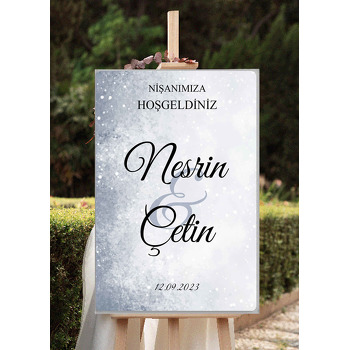 Gri Mavi Suluboya Fon Temalı Söz Nişan Nikah Dekota Karşılama Panosu