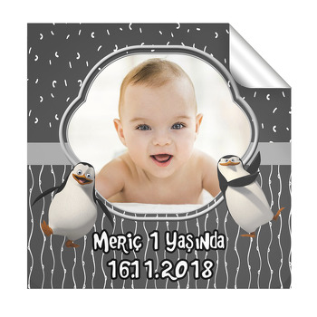 Gri Penguen Temalı Doğum Günü  Kare Etiket