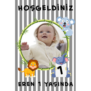 Gri Safari Temalı Doğum Günü Afiş