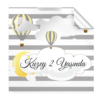 Gri Ve Sarı Balon Temalı Doğum Günü  Kare Etiket