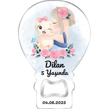 Gül Taçlı Kız ile Kedisi Temalı Balon Ahşap Magnet 