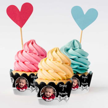 Gümüş Kurdele ile Balonlar Temalı Cupcake Sargısı