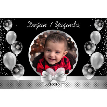 Gümüş Kurdele ile Balonlar Temalı Doğum Günü Plastik Magnet