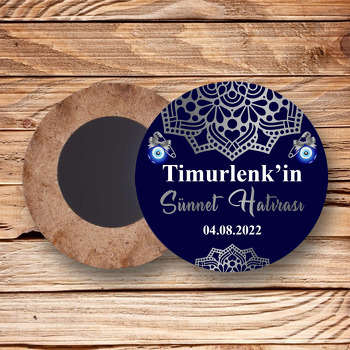 Gümüş Mandala ile Lacivert Fonda Sünnet Temalı Daire Ahşap Magnet
