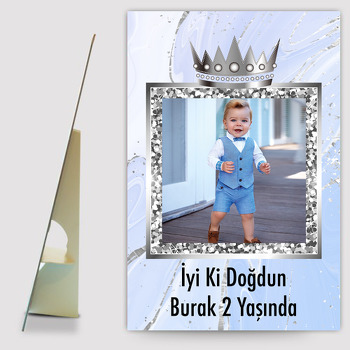 Gümüş Taç Ve Mavi Temalı Doğum Günü Ahşap Pano