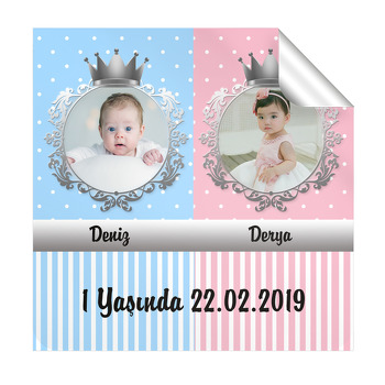 Gümüş Taçlı İkiz  Temalı Kare Etiket