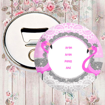 Gümüş Taçlı Pembe Flamingo Temalı Magnet Açacak