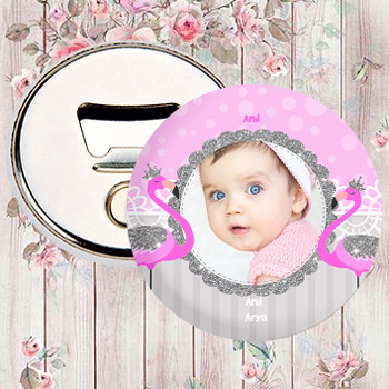 Gümüş Taçlı Pembe Flamingo Temalı Resimli Magnet Açacak